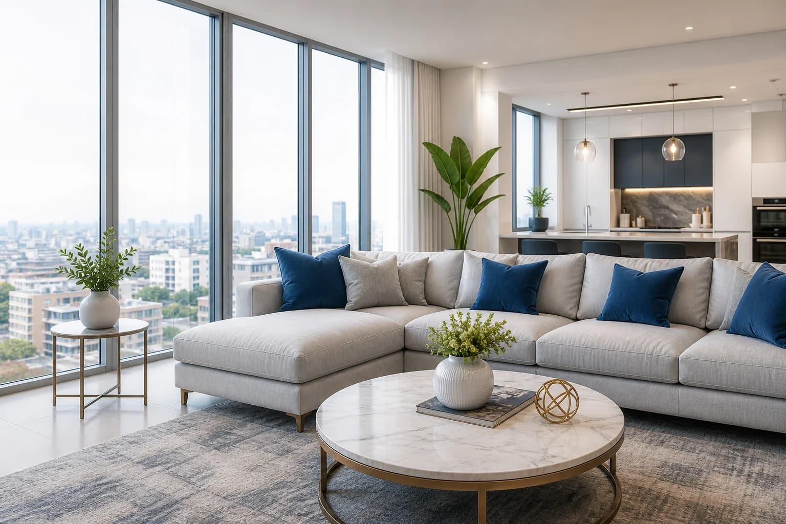 A bright, freshly prepared living room with navy accents and a city view